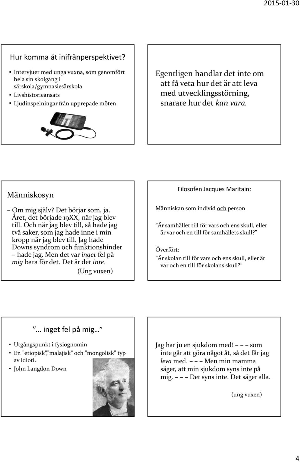 att leva med utvecklingsstörning, snarare hur det kan vara. Människosyn Om mig själv? Det börjar som, ja. Året, det började 19XX, när jag blev till.