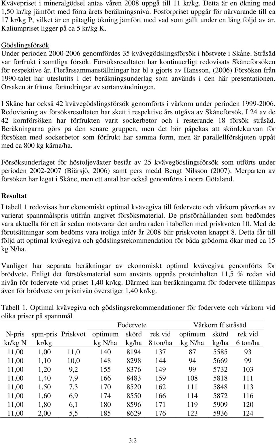 Gödslingsförsök Under perioden 2000-2006 genomfördes 35 kvävegödslingsförsök i höstvete i Skåne. Stråsäd var förfrukt i samtliga försök.