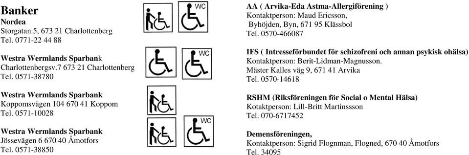 0571-38850 AA ( Arvika-Eda Astma-Allergiförening ) Kontaktperson: Maud Ericsson, Byhöjden, Byn, 671 95 Klässbol Tel.