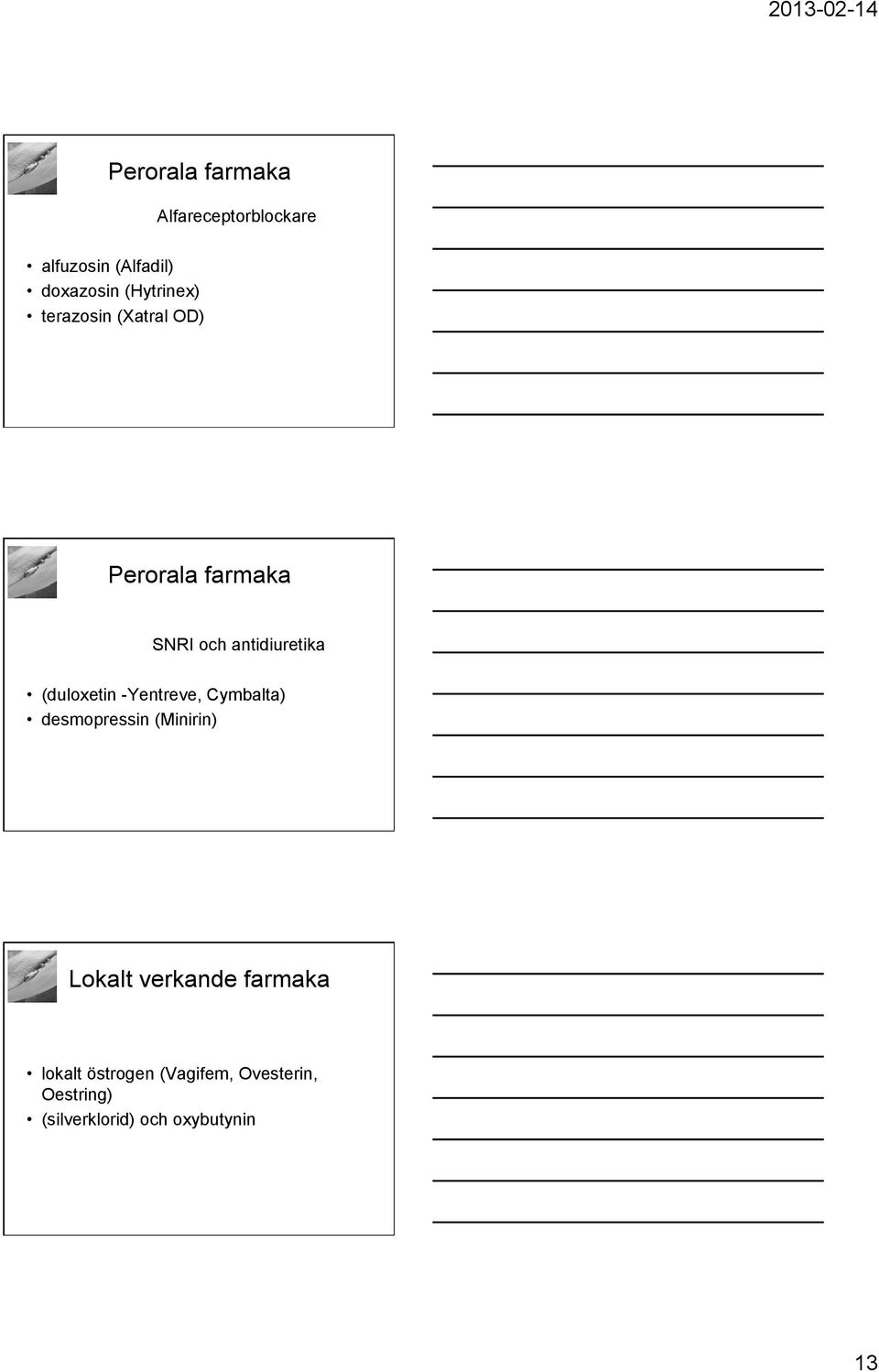 (duloxetin -Yentreve, Cymbalta) desmopressin (Minirin) Lokalt verkande