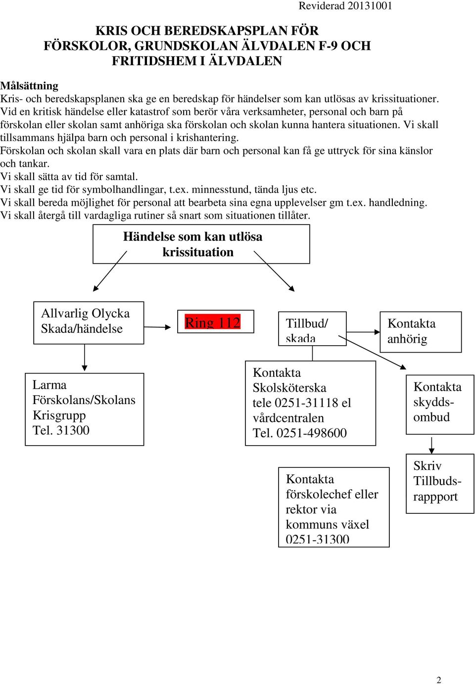 Vi skall tillsammans hjälpa barn och personal i krishantering. Förskolan och skolan skall vara en plats där barn och personal kan få ge uttryck för sina känslor och tankar.