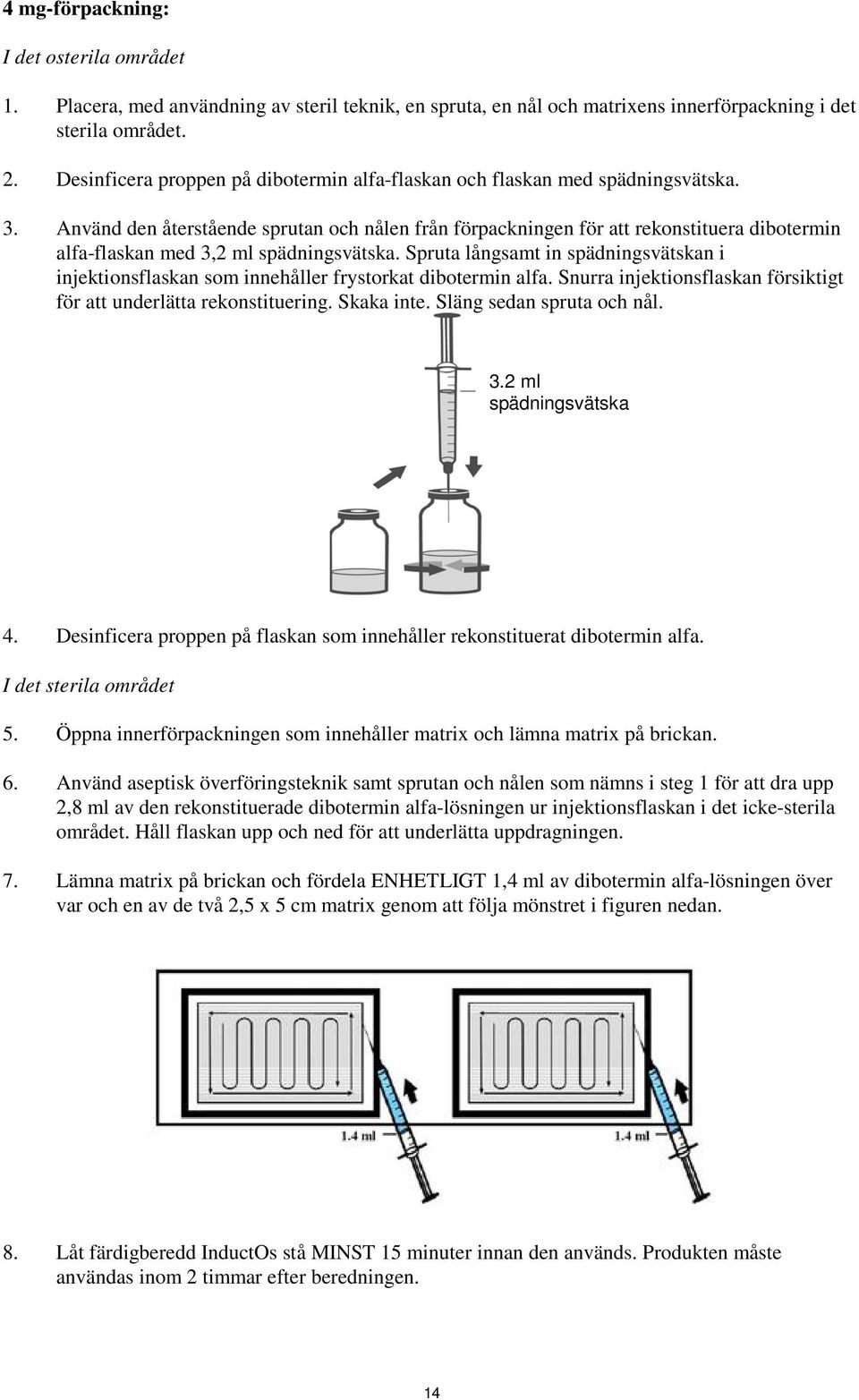Använd den återstående sprutan och nålen från förpackningen för att rekonstituera dibotermin alfa-flaskan med 3,2 ml spädningsvätska.
