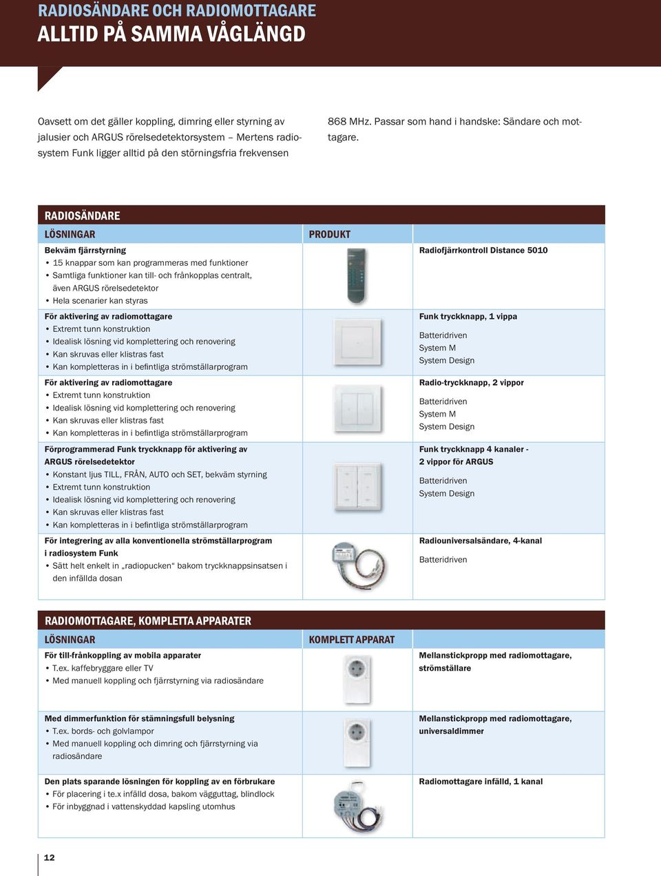 RADIOSÄNDARE LÖSNINGAR Bekväm fjärrstyrning 15 knappar som kan programmeras med funktioner Samtliga funktioner kan till- och frånkopplas centralt, även ARGUS rörelsedetektor Hela scenarier kan styras