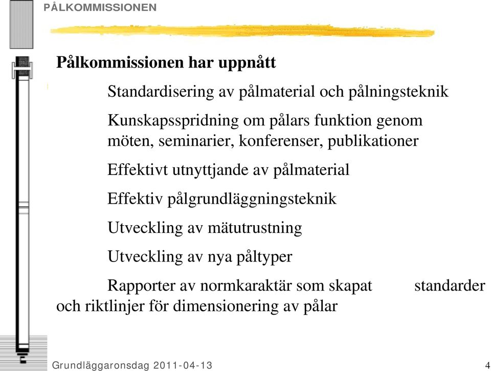 pålmaterial Effektiv pålgrundläggningsteknik Utveckling av mätutrustning Utveckling av nya påltyper