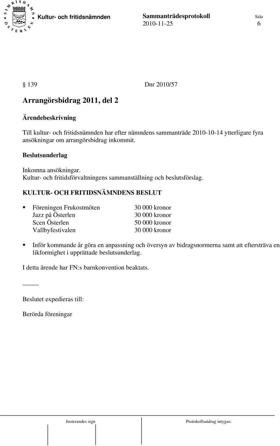 Föreningen Frukostmöten 30 000 kronor Jazz på Österlen 30 000 kronor Scen Österlen 50 000 kronor Vallbyfestivalen 30 000 kronor Inför kommande år göra