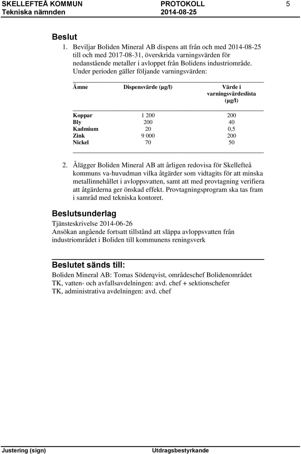 Under perioden gäller följande varningsvärden: Ämne Dispensvärde (µg/l) Värde i varningsvärdeslista (µg/l) Koppar 1 200 200 Bly 200 40 Kadmium 20 0,5 Zink 9 000 200 Nickel 70 50 2.