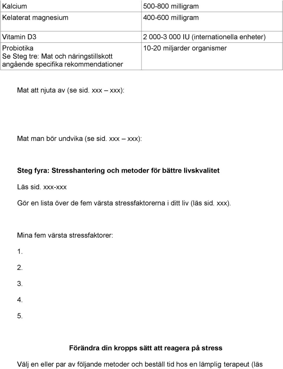 xxx xxx): Steg fyra: Stresshantering och metoder för bättre livskvalitet Läs sid. xxx-xxx Gör en lista över de fem värsta stressfaktorerna i ditt liv (läs sid.