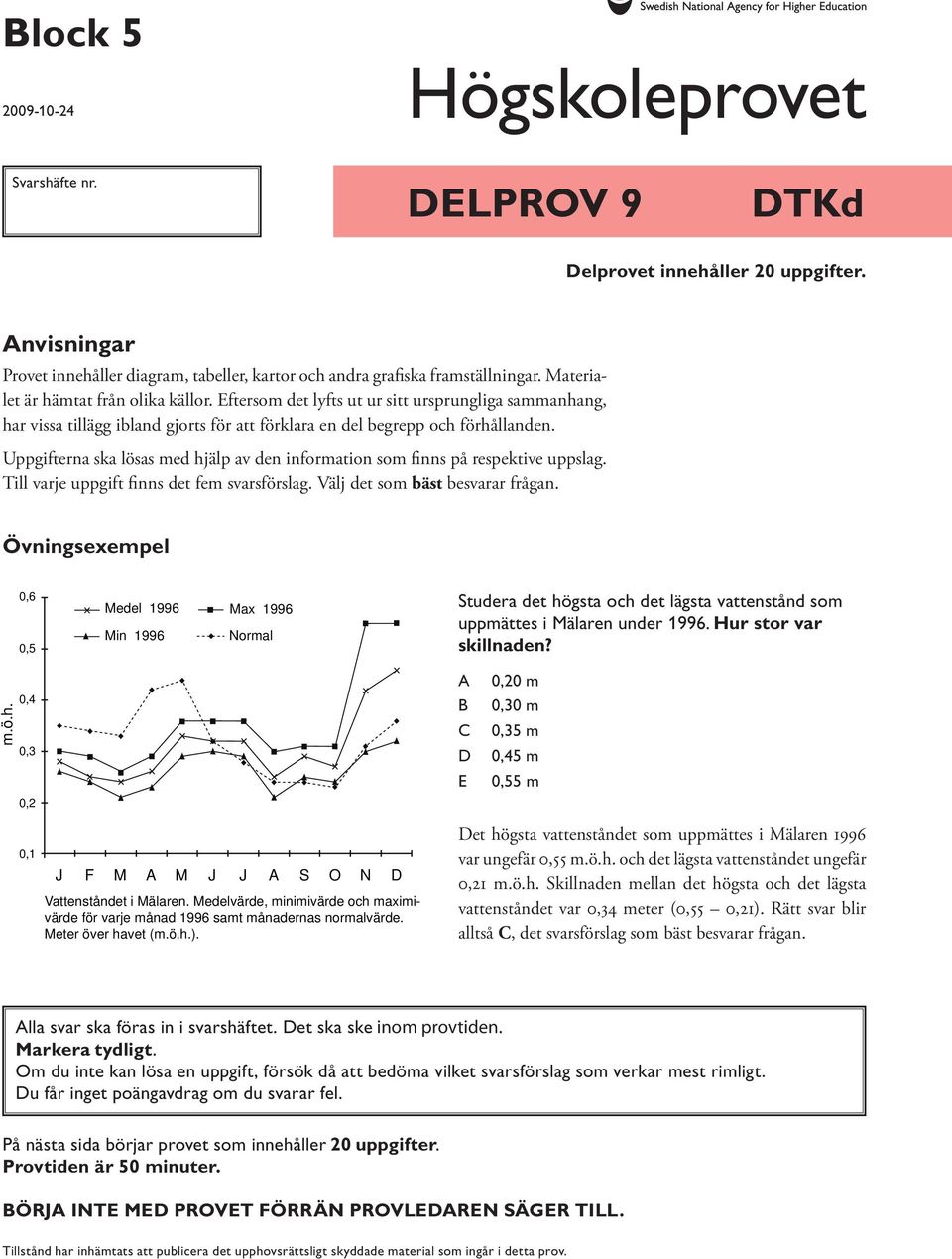 Uppgifterna ska lösas med hjälp av den information som finns på respektive uppslag. Till varje uppgift finns det fem svarsförslag. Välj det som bäst besvarar frågan.