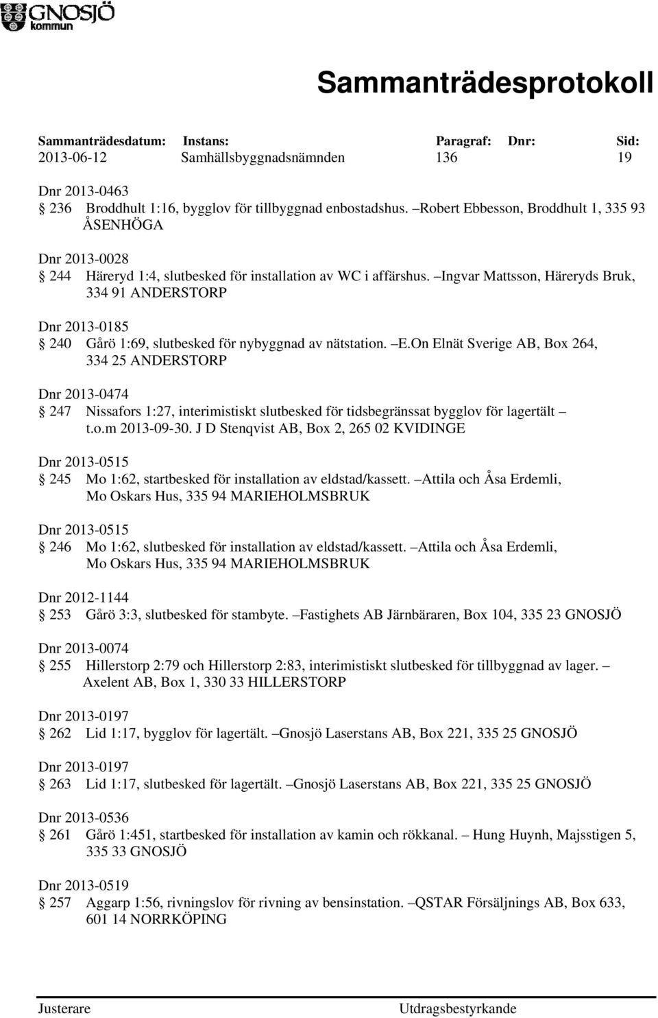 Ingvar Mattsson, Häreryds Bruk, 334 91 ANDERSTORP Dnr 2013-0185 240 Gårö 1:69, slutbesked för nybyggnad av nätstation. E.