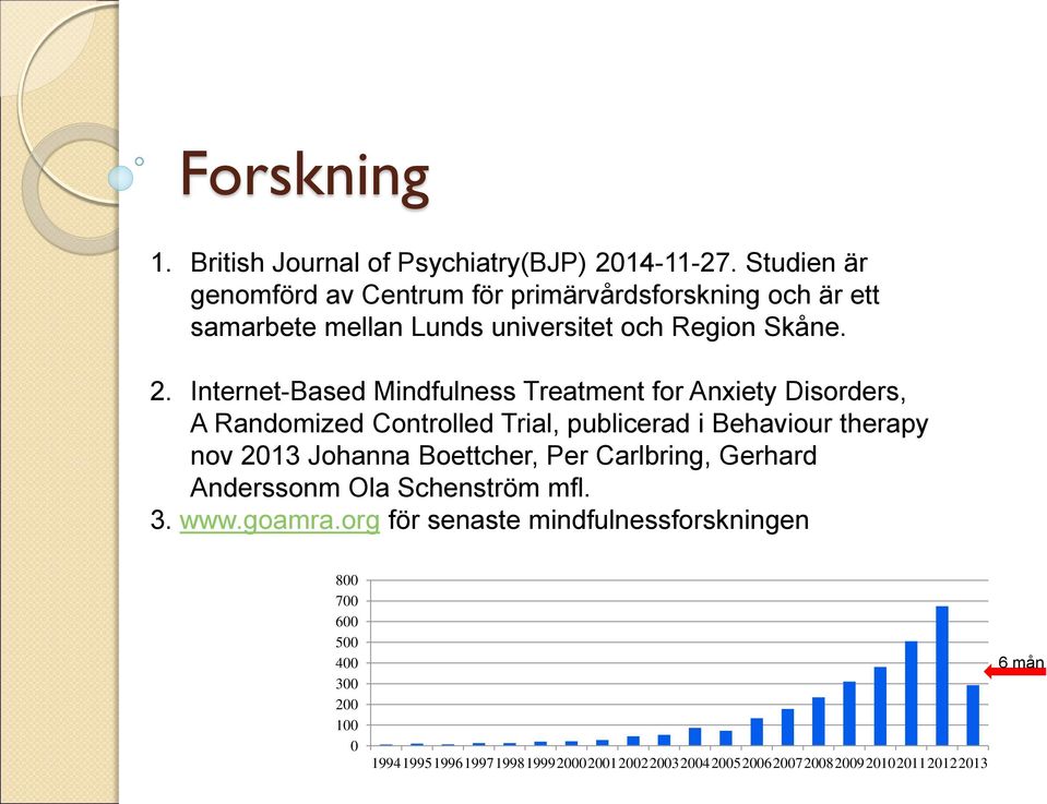 Internet-Based Mindfulness Treatment for Anxiety Disorders, A Randomized Controlled Trial, publicerad i Behaviour therapy nov 2013 Johanna