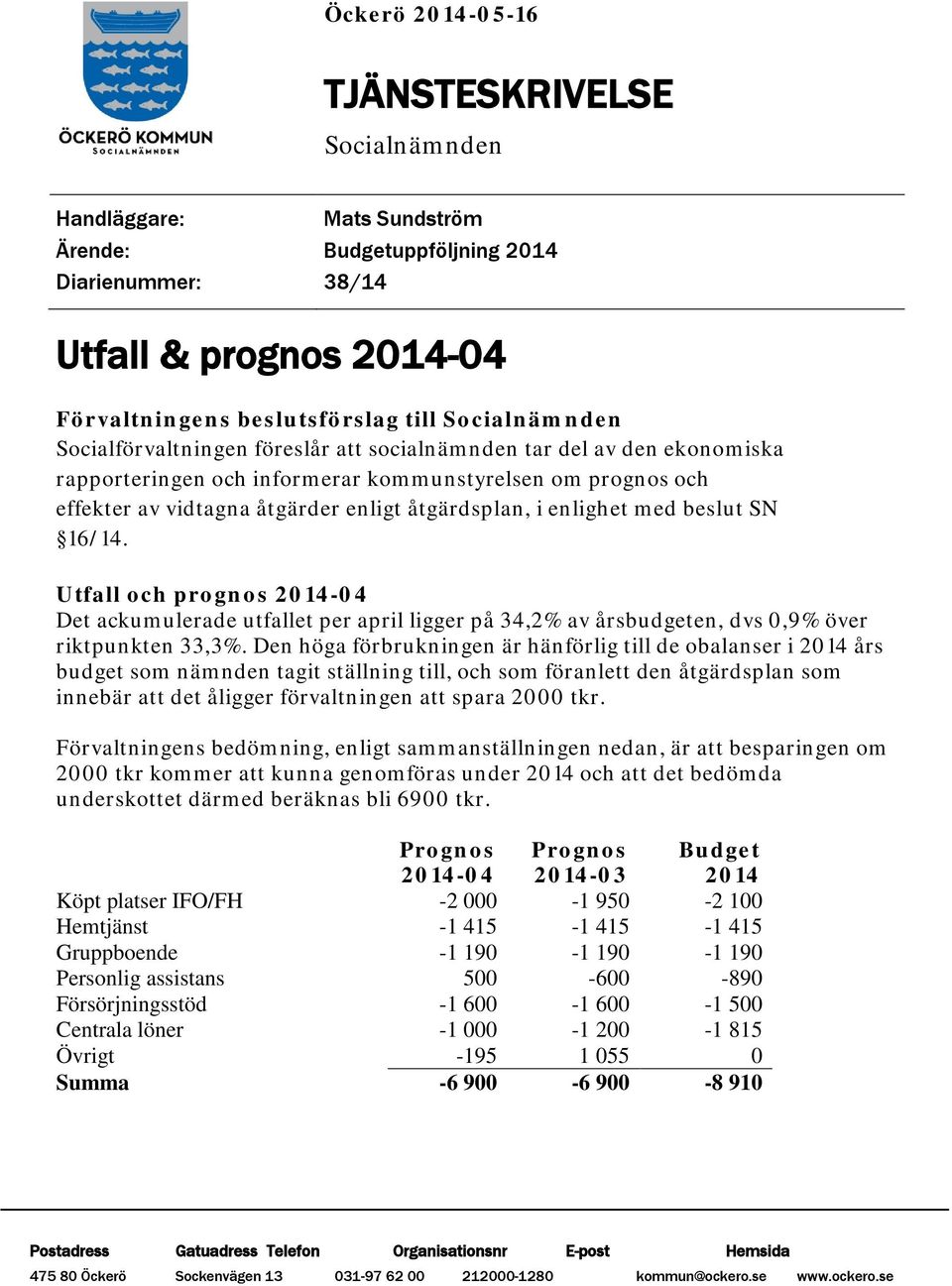 enlighet med beslut SN 16/14. Utfall och prognos 2014-04 Det ackumulerade utfallet per april ligger på 34,2% av årsbudgeten, dvs 0,9% över riktpunkten 33,3%.