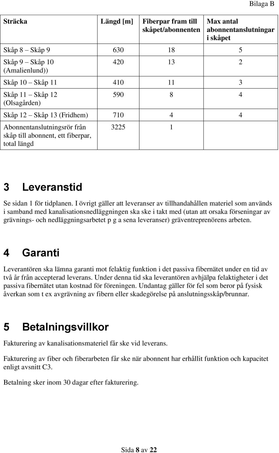 I övrigt gäller att leveranser av tillhandahållen materiel som används i samband med kanalisationsnedläggningen ska ske i takt med (utan att orsaka förseningar av grävnings- och nedläggningsarbetet p