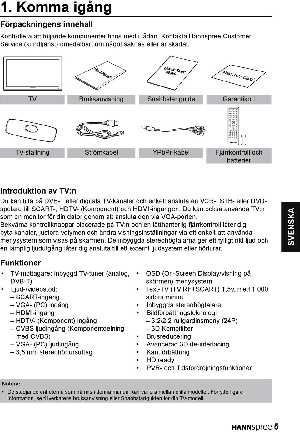 User's Manual Quick Start Guide TV Bruksanvisning Snabbstartguide Garantikort TV-ställning Strömkabel YPbPr-kabel Fjärrkontroll och batterier Introduktion av TV:n Du kan titta på DVB-T eller digitala