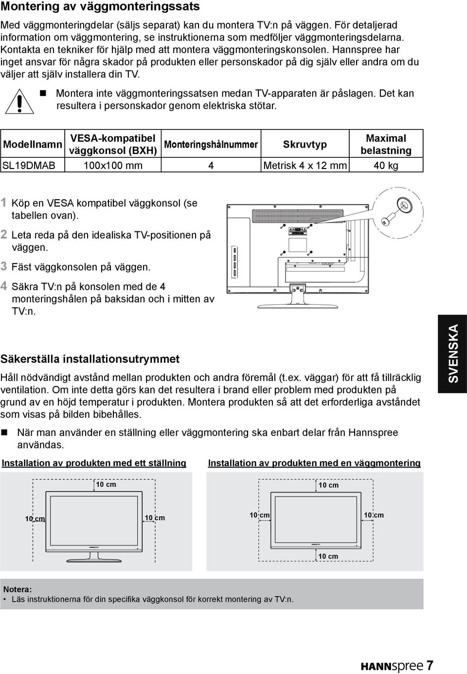 Hannspree har inget ansvar för några skador på produkten eller personskador på dig själv eller andra om du väljer att själv installera din TV.