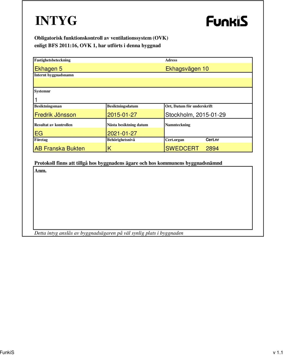 Resultat av kontrollen EG Företag AB Franska Bukten Nästa besiktning datum Namnteckning 0-0-7 Behörighetsnivå Cert.organ Cert.