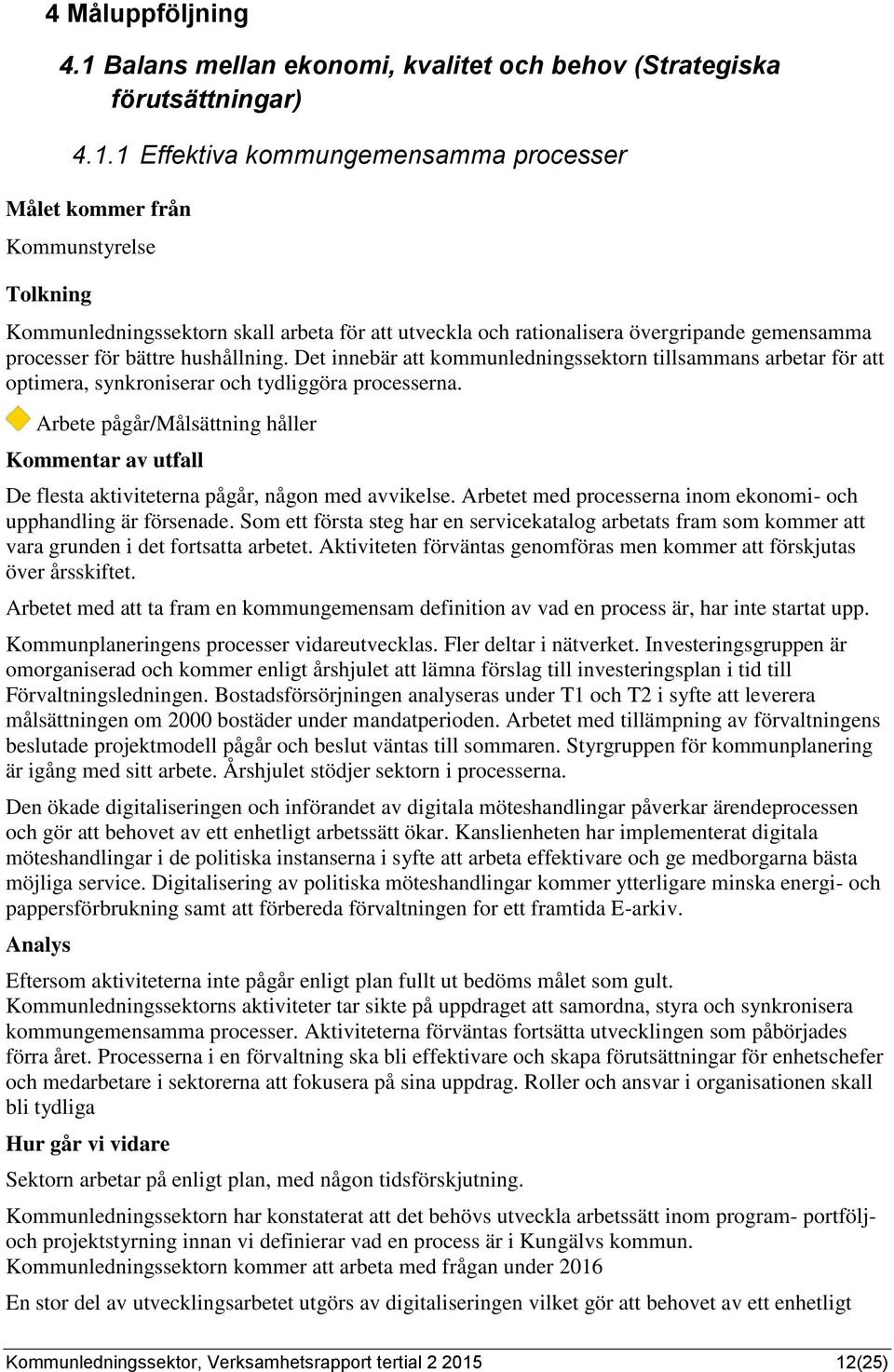1 Effektiva kommungemensamma processer Målet kommer från Kommunstyrelse Tolkning Kommunledningssektorn skall arbeta för att utveckla och rationalisera övergripande gemensamma processer för bättre