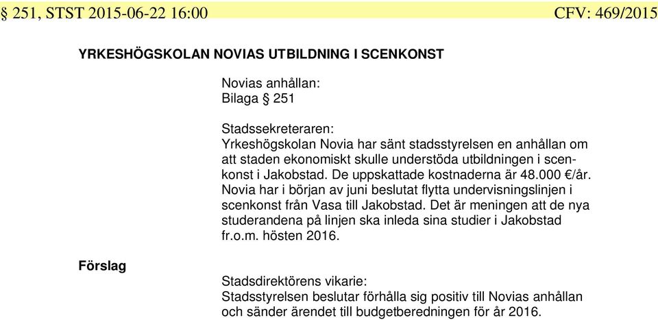 Novia har i början av juni beslutat flytta undervisningslinjen i scenkonst från Vasa till Jakobstad.