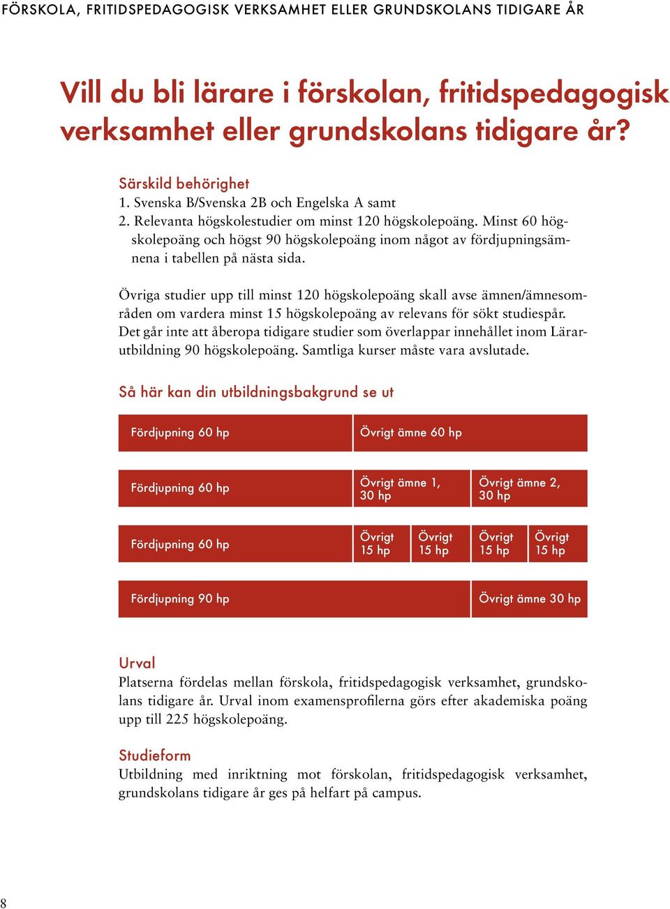 Minst 60 högskolepoäng och högst 90 högskolepoäng inom något av fördjupningsämnena i tabellen på nästa sida.