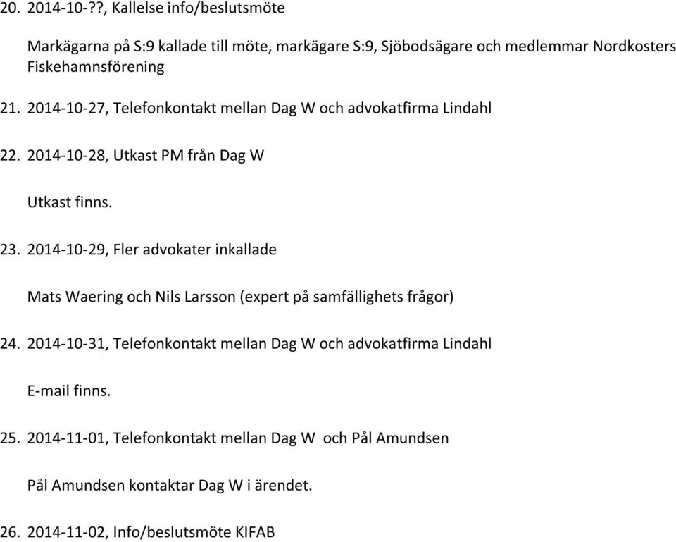 2014-10-27, Telefonkontakt mellan Dag W och advokatfirma Lindahl 22. 2014-10-28, Utkast PM från Dag W Utkast finns. 23.