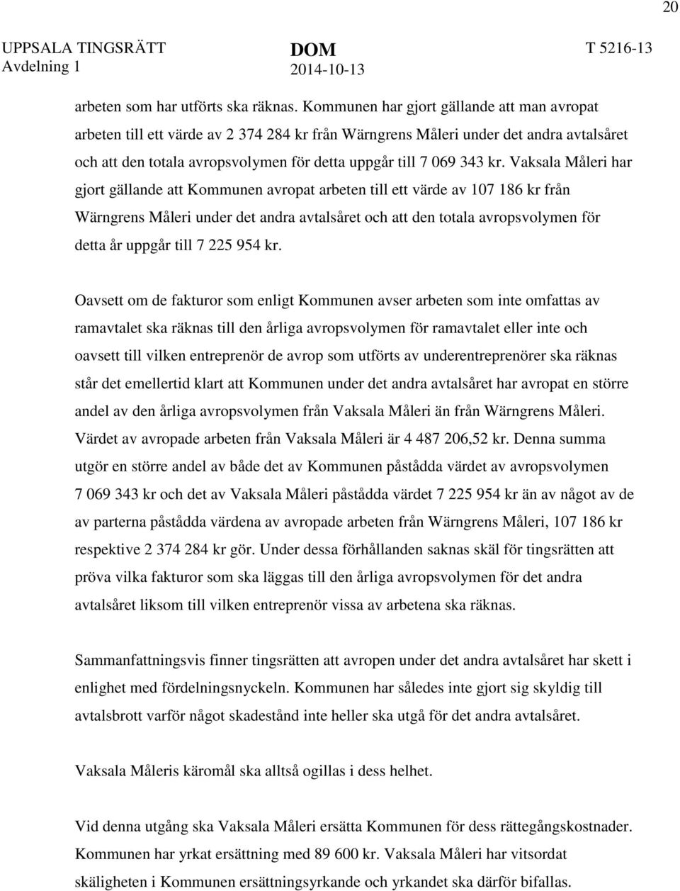 Vaksala Måleri har gjort gällande att Kommunen avropat arbeten till ett värde av 107 186 kr från Wärngrens Måleri under det andra avtalsåret och att den totala avropsvolymen för detta år uppgår till