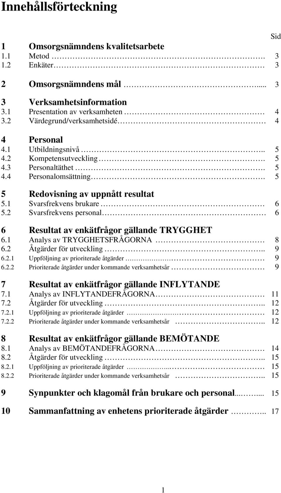 1 Svarsfrekvens brukare 6 5.2 Svarsfrekvens personal 6 6 Resultat av enkätfrågor gällande TRYGGHET 6.1 Analys av TRYGGHETSFRÅGORNA 8 6.2 Åtgärder för utveckling.. 9 6.2.1 Uppföljning av prioriterade åtgärder 9 6.