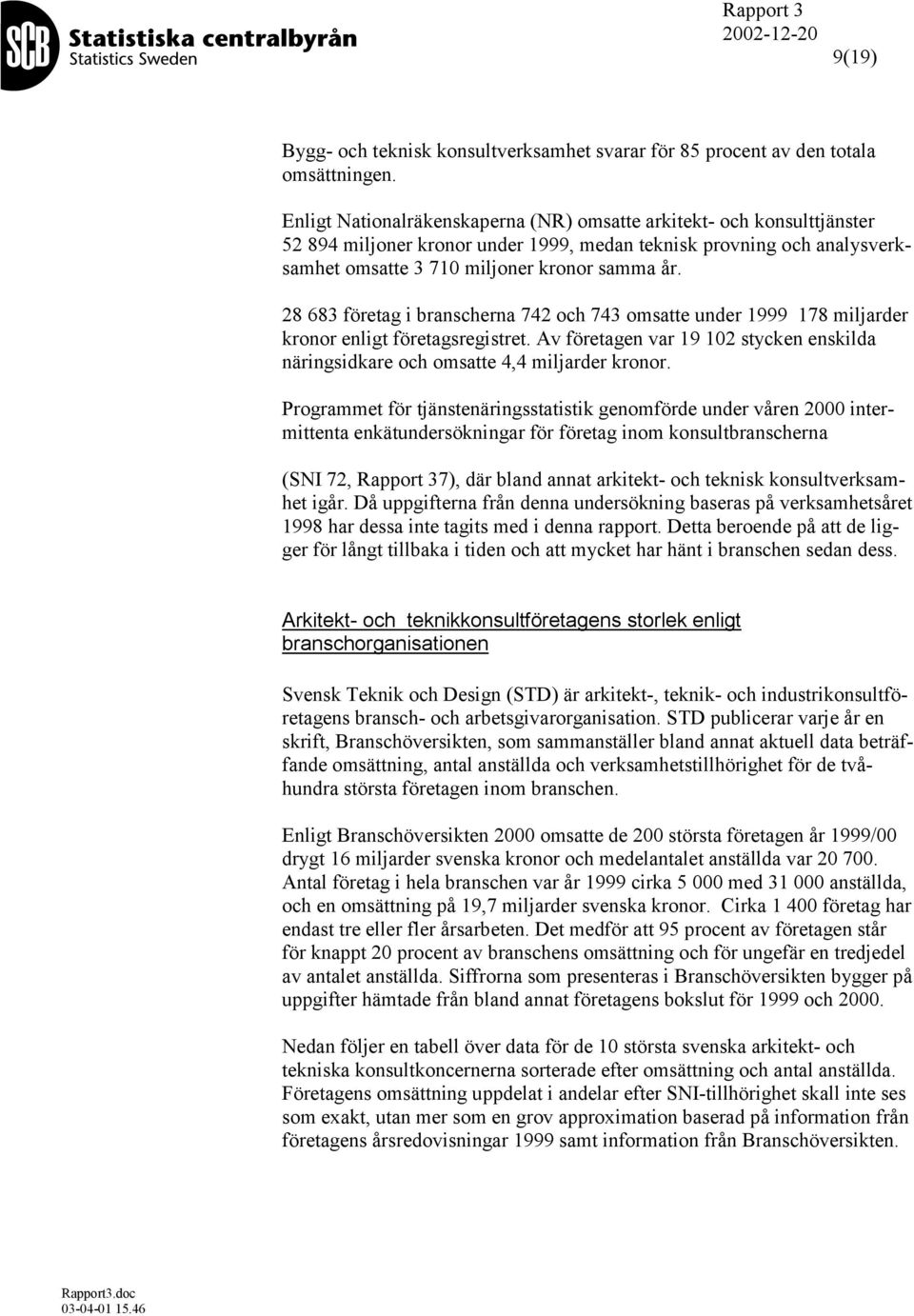 28 683 företag i branscherna 742 och 743 omsatte under 1999 178 miljarder kronor enligt företagsregistret. Av företagen var 19 102 stycken enskilda näringsidkare och omsatte 4,4 miljarder kronor.
