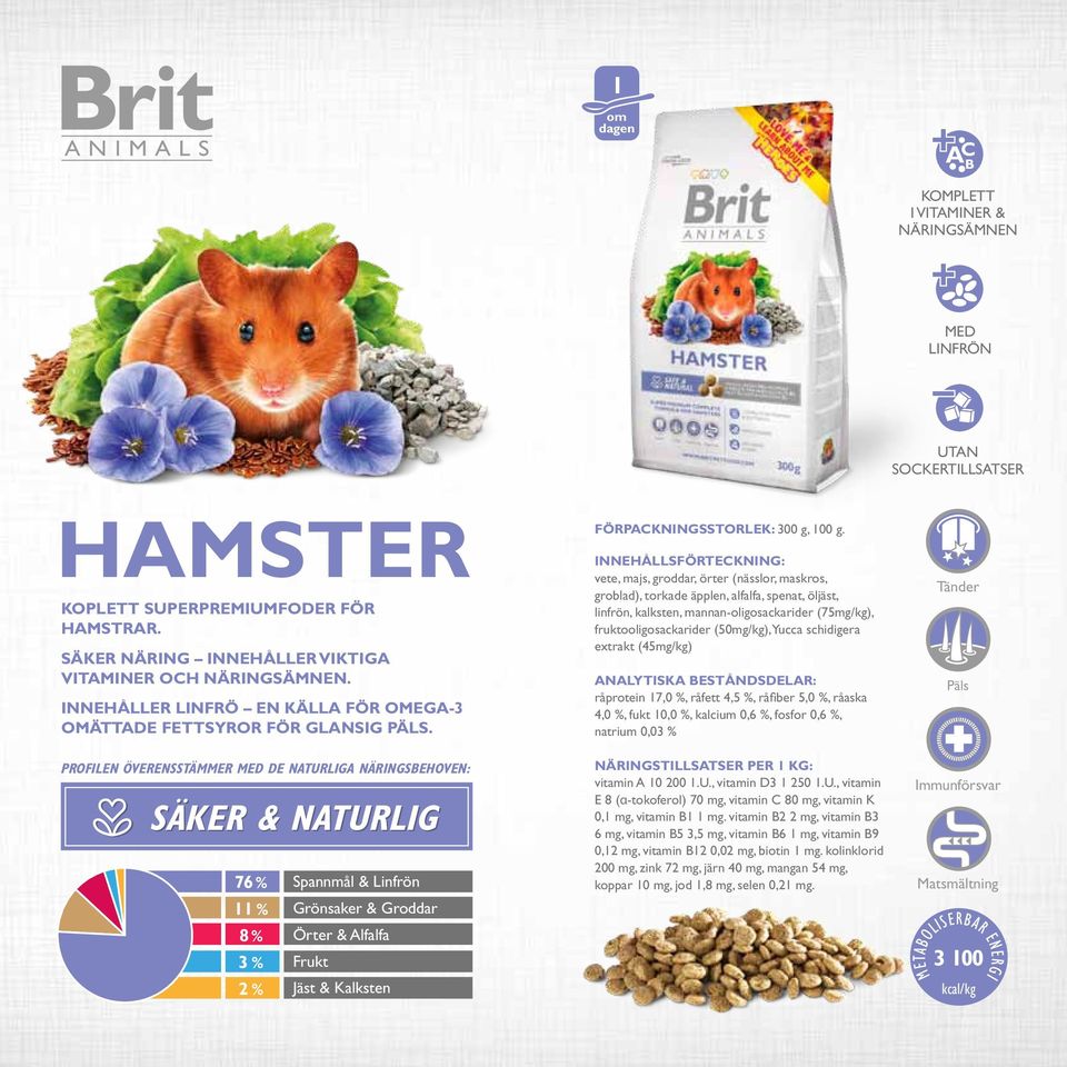 76 % 11 % 8 % 3 % Spannmål & Linfrön Grönsaker & Groddar Örter & Alfalfa Jäst & Kalksten FÖRPACKNINGSSTORLEK: 300 g, 100 g.