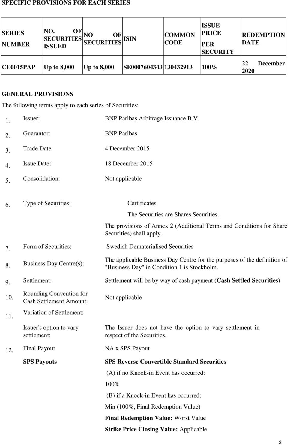following terms apply to each series of Securities: 1. Issuer: BNP Paribas Arbitrage Issuance B.V. 2. Guarantor: BNP Paribas 3. Trade Date: 4 December 2015 4. Issue Date: 18 December 2015 5.