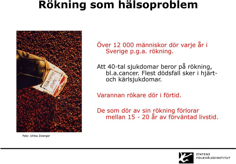 Flest dödsfall sker i hjärtoch kärlsjukdomar. Varannan rökare dör i förtid.