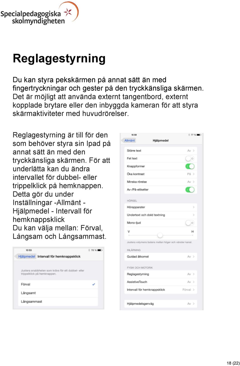 Reglagestyrning är till för den som behöver styra sin Ipad på annat sätt än med den tryckkänsliga skärmen.