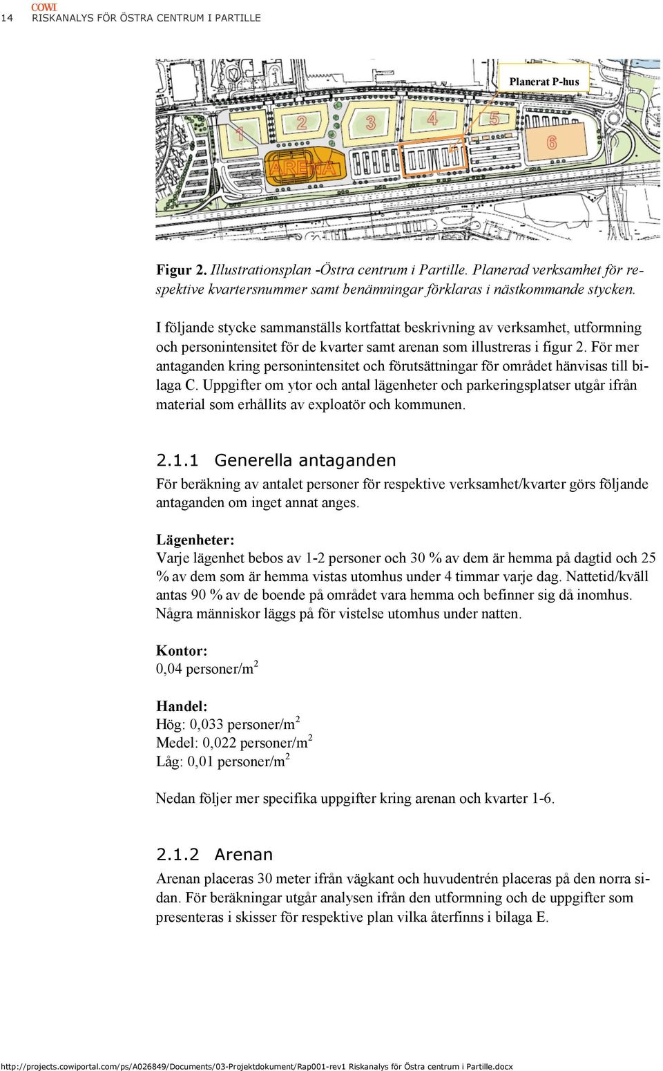 I följande stycke sammanställs kortfattat beskrivning av verksamhet, utformning och personintensitet för de kvarter samt arenan som illustreras i figur 2.