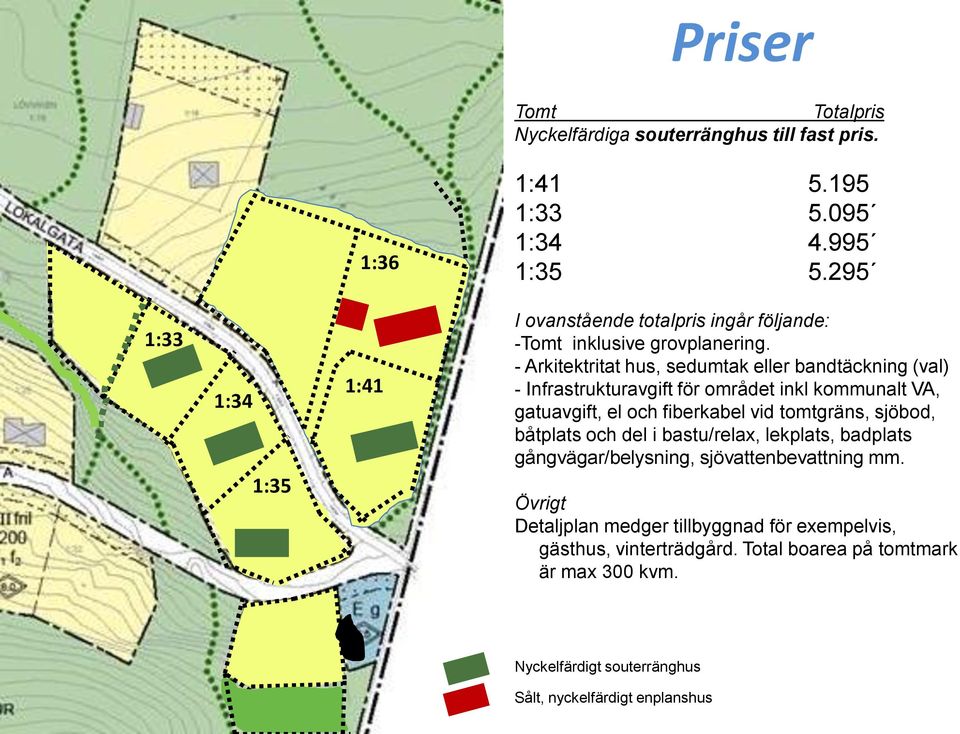 - Arkitektritat hus, sedumtak eller bandtäckning (val) - Infrastrukturavgift för området inkl kommunalt VA, gatuavgift, el och fiberkabel vid tomtgräns,