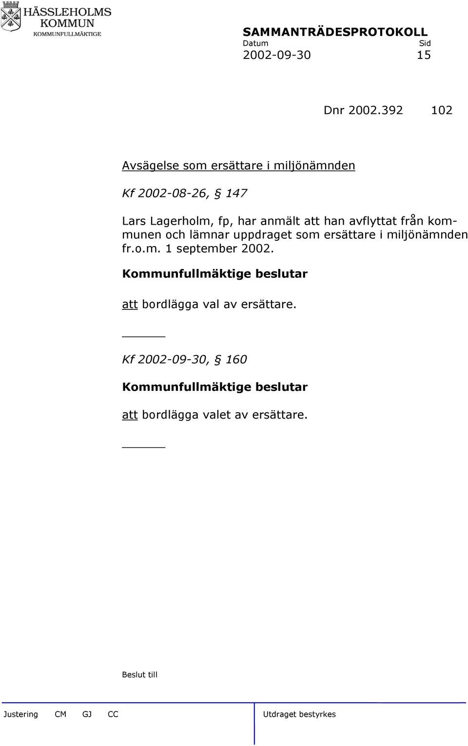 anmält att han avflyttat från kommunen och lämnar uppdraget som ersättare i miljönämnden fr.o.m. 1 september 2002.