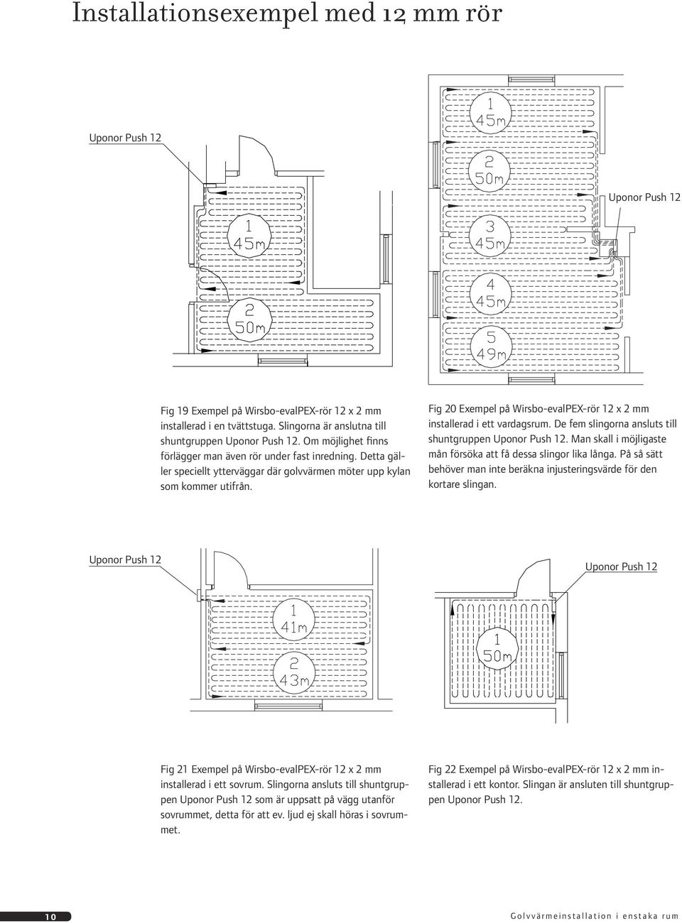 Fig 20 Exempel på Wirsbo-evalPEX-rör 12 x 2 mm installerad i ett vardagsrum. De fem slingorna ansluts till shuntgruppen. Man skall i möjligaste mån försöka att få dessa slingor lika långa.