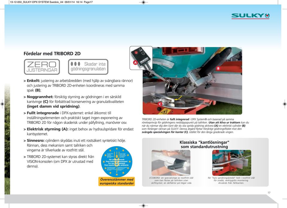 (inget damm vid spridning). > Fut integrerade i DPX-systemet: enke åtkomst ti instäningseementen och praktiskt taget ingen exponering av TRIBORD 2D för någon skaderisk under påfyning, manövrer osv.