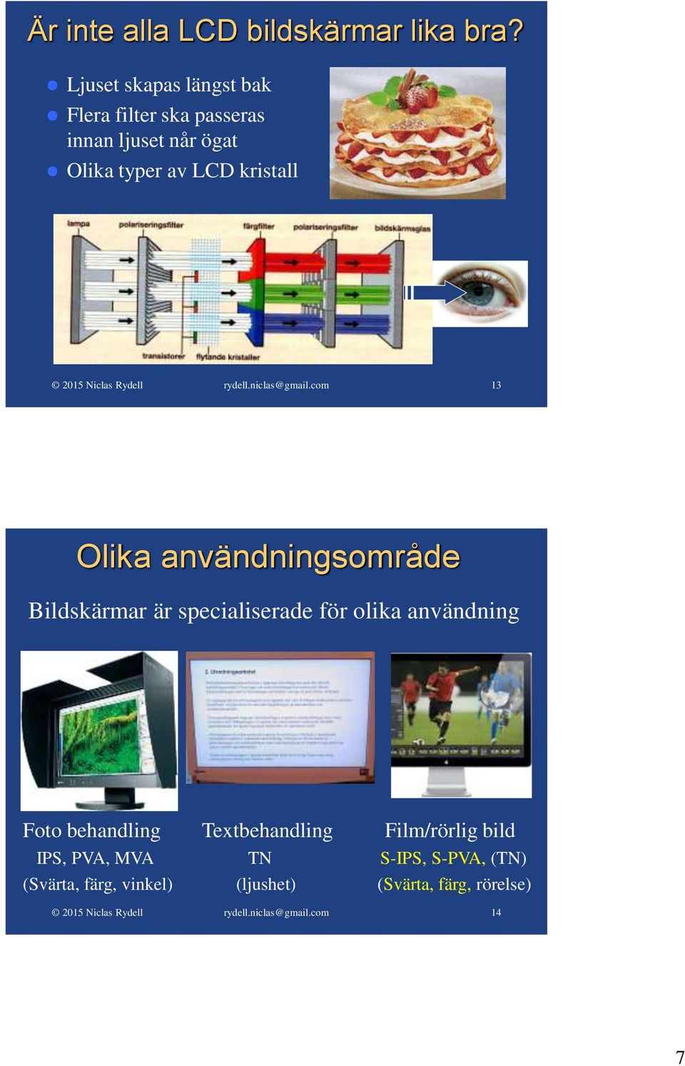 LCD kristall 13 Olika användningsområde Bildskärmar är specialiserade för olika användning