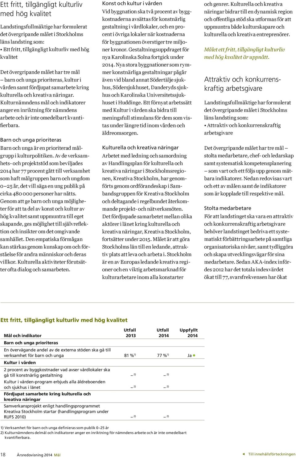 Kulturnämndens mål och indikatorer anger en inriktning för nämndens arbete och är inte omedelbart kvantifierbara. Barn och unga prioriteras Barn och unga är en prioriterad målgrupp i kulturpolitiken.