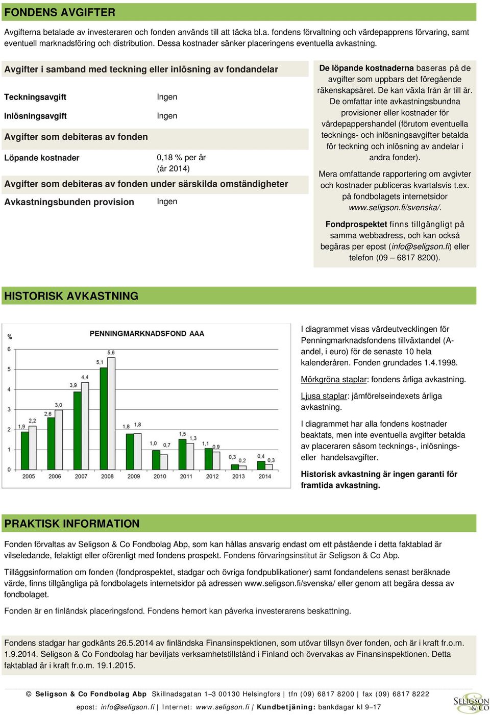 Avgifter i samband med teckning eller inlösning av fondandelar Teckningsavgift Inlösningsavgift Avgifter som debiteras av fonden Löpande kostnader 0,18 % per år (år 2014) Avgifter som debiteras av