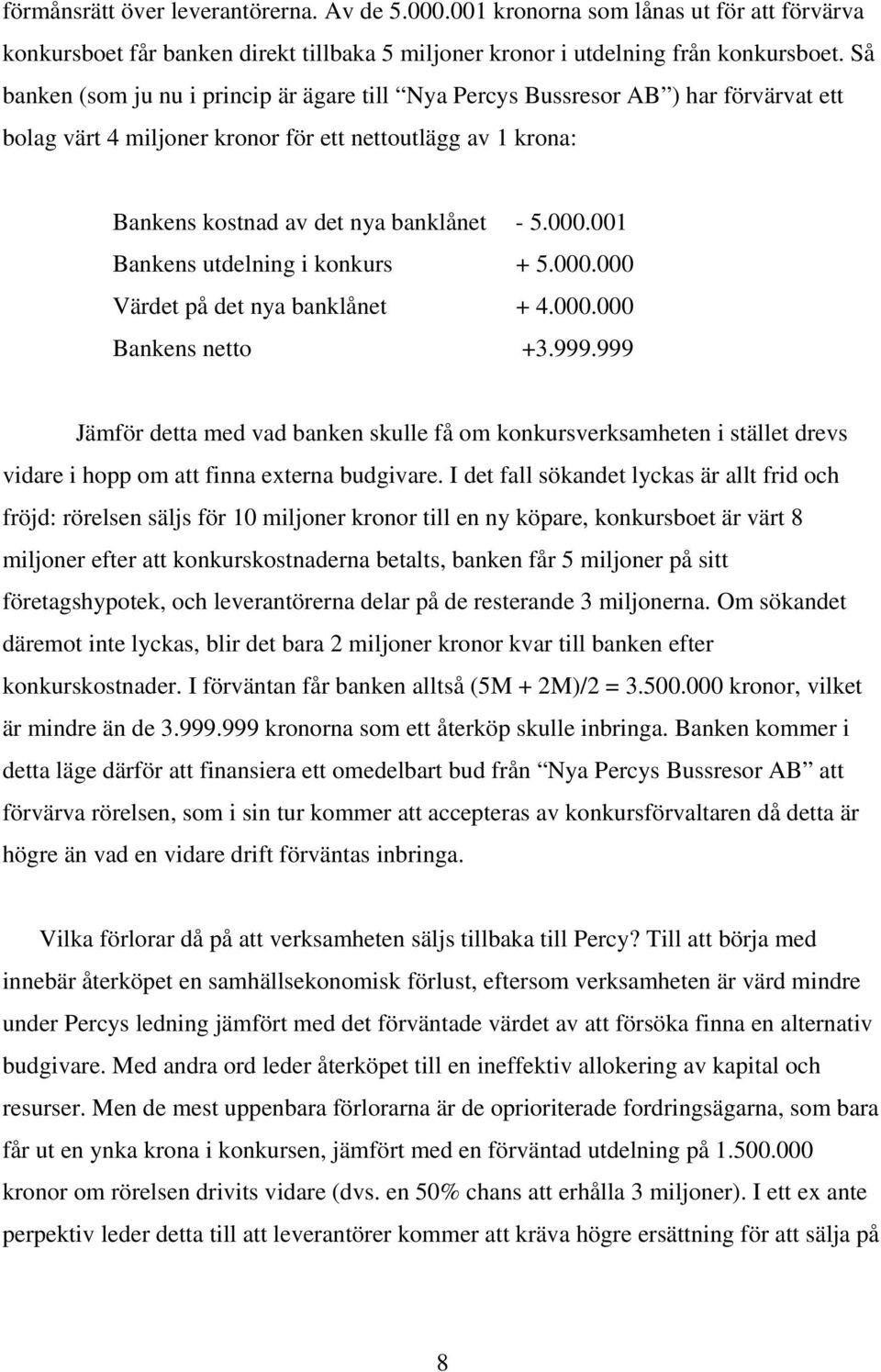 001 Bankens utdelning i konkurs + 5.000.000 Värdet på det nya banklånet + 4.000.000 Bankens netto +3.999.