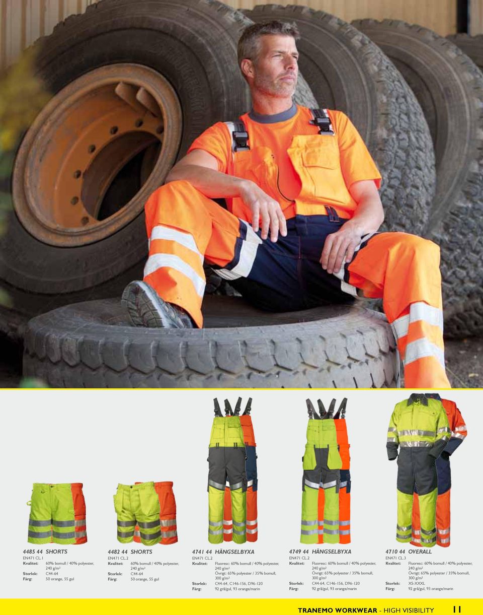 2 Kvalitet: Fluoresc: 60% bomull / 40% polyester, 240 g/m² Övrigt: 65% polyester / 35% bomull, 300 g/m² Färg: 92 grå/gul, 93 orange/marin 4749 44 Hängselbyxa EN471 CL.