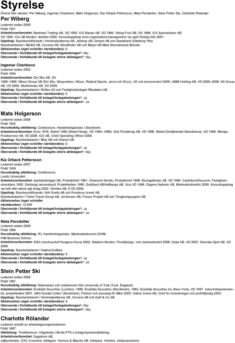 Konsultuppdrag inom organisation/management via eget företag från 2001. Uppdrag: Styrelseordförande i Hemmabutikerna AB, Jetshop AB, Desam AB och Swedbank Göteborg Yttre.