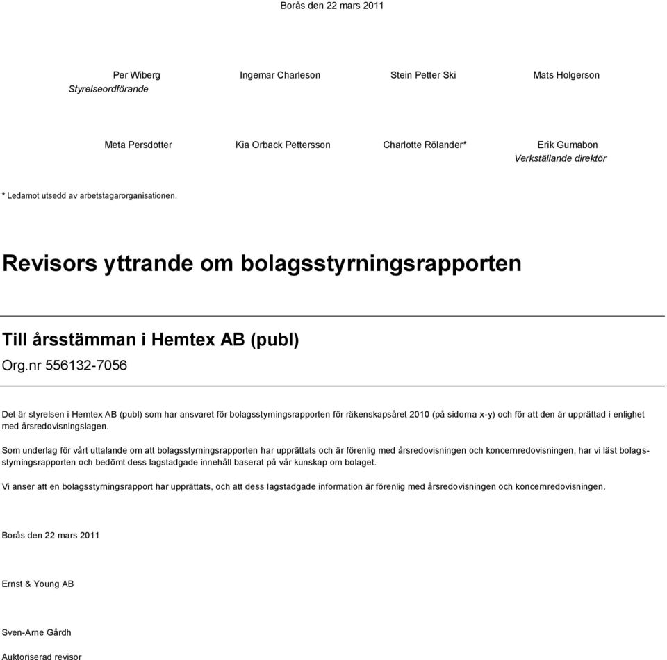 nr 556132-7056 Det är styrelsen i Hemtex AB (publ) som har ansvaret för bolagsstyrningsrapporten för räkenskapsåret 2010 (på sidorna x-y) och för att den är upprättad i enlighet med