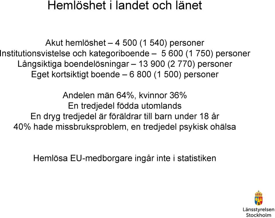 personer Andelen män 64%, kvinnor 36% En tredjedel födda utomlands En dryg tredjedel är föräldrar till barn