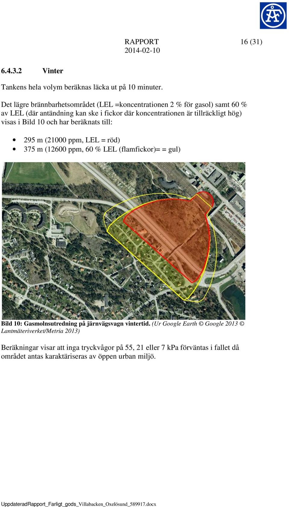 tillräckligt hög) visas i Bild 10 och har beräknats till: 295 m (21000 ppm, LEL = röd) 375 m (12600 ppm, 60 % LEL (flamfickor)= = gul) Bild 10: