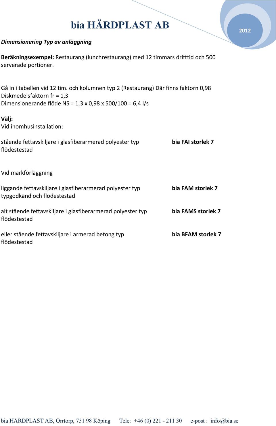 och kolumnen typ 2 (Restaurang) Där finns faktorn 0,98 Diskmedelsfaktorn fr = 1,3 Dimensionerande flöde NS = 1,3 x 0,98 x 500/100 = 6,4 l/s Vid inomhusinstallation: