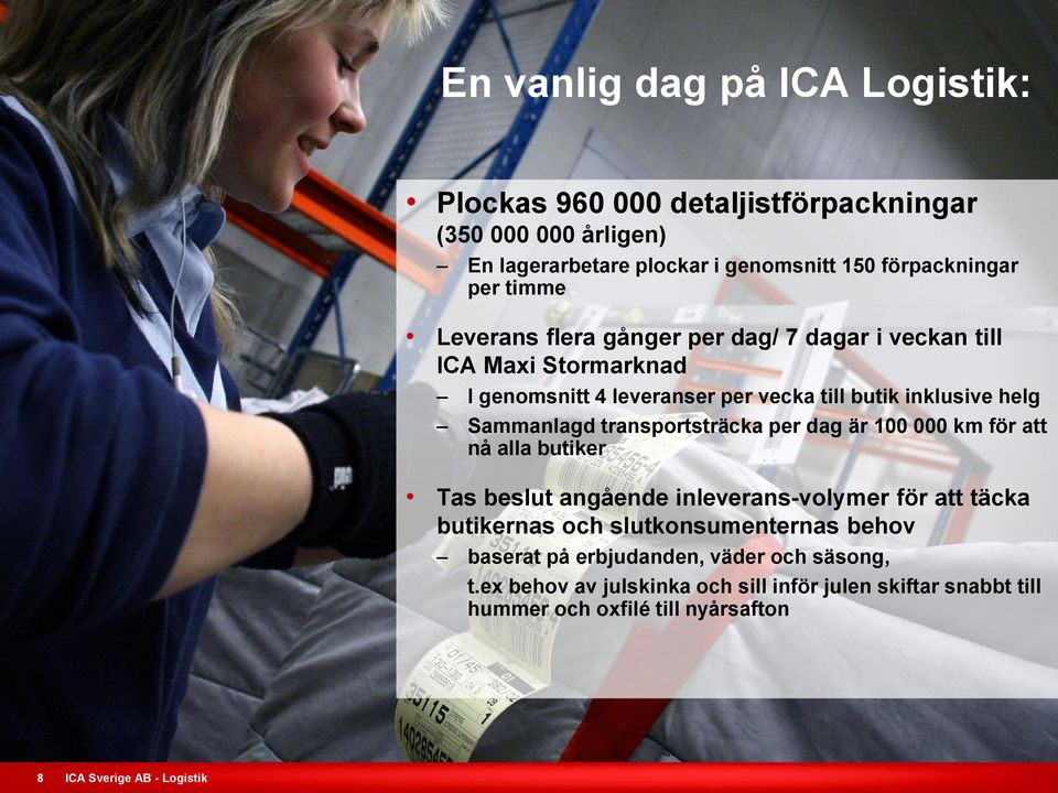 transportsträcka per dag är 100 000 km för att nå alla butiker Tas beslut angående inleverans-volymer för att täcka butikernas och slutkonsumenternas behov