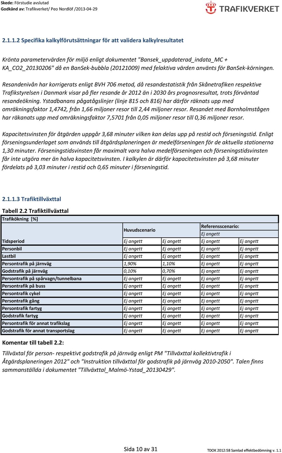 Resandenivån har korrigerats enligt BVH 706 metod, då resandestatistik från Skånetrafiken respektive Trafikstyrelsen i Danmark visar på fler resande år 2012 än i 2030 års prognosresultat, trots