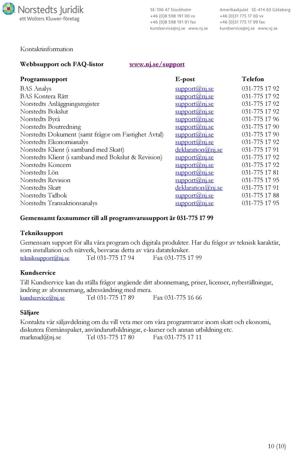 se 031-775 17 90 Norstedts Dokument (samt frågor om Fastighet Avtal) support@nj.se 031-775 17 90 Norstedts Ekonomianalys support@nj.