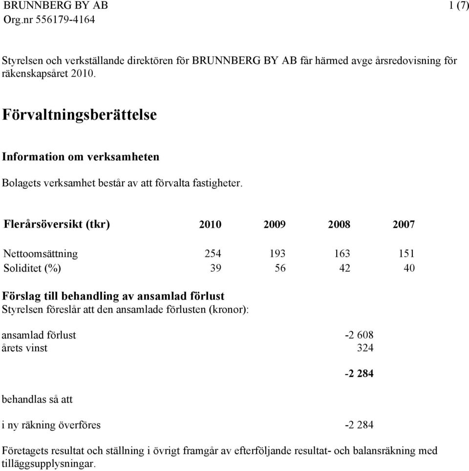 Flerårsöversikt (tkr) 2010 2009 2008 2007 Nettoomsättning 254 193 163 151 Soliditet (%) 39 56 42 40 Förslag till behandling av ansamlad förlust Styrelsen