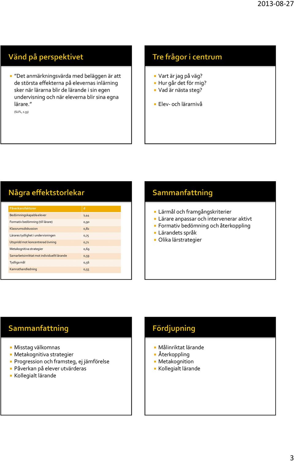 Elev- och lärarnivå Påverkansfaktorer d Bedömningskapabla elever 1,44 Formativ bedömning (till lärare) 0,90 Klassrumsdiskussion 0,82 Lärares tydlighet i undervisningen 0,75 Utspridd mot koncentrerad